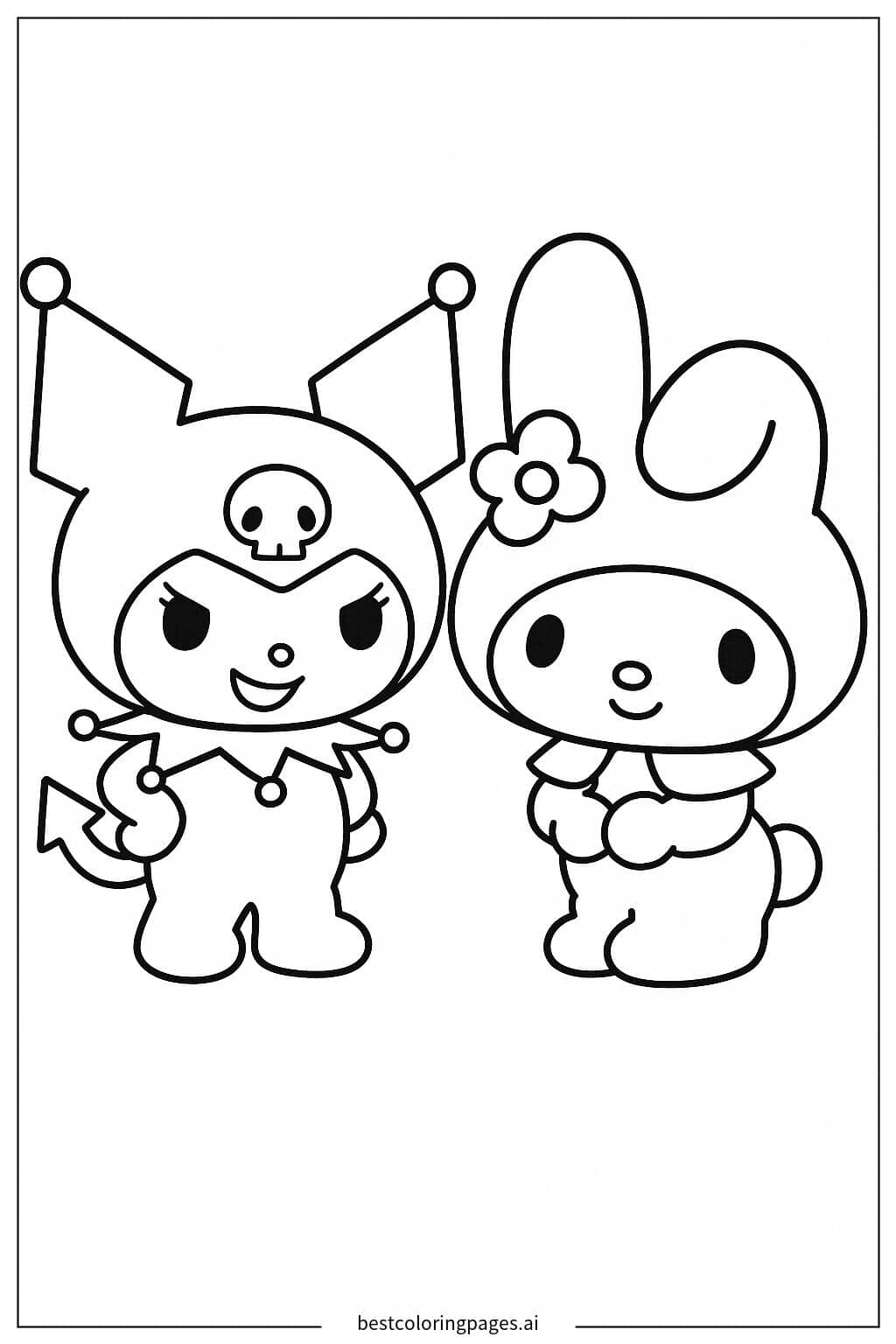 Tranh tô màu Kuromi và My Melody đứng cạnh nhau