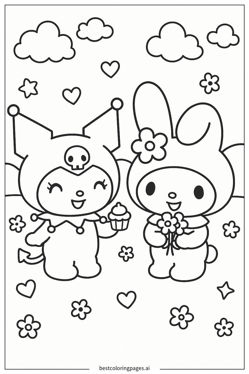 Kuromi and Melody's Cheerful Day Coloring Page