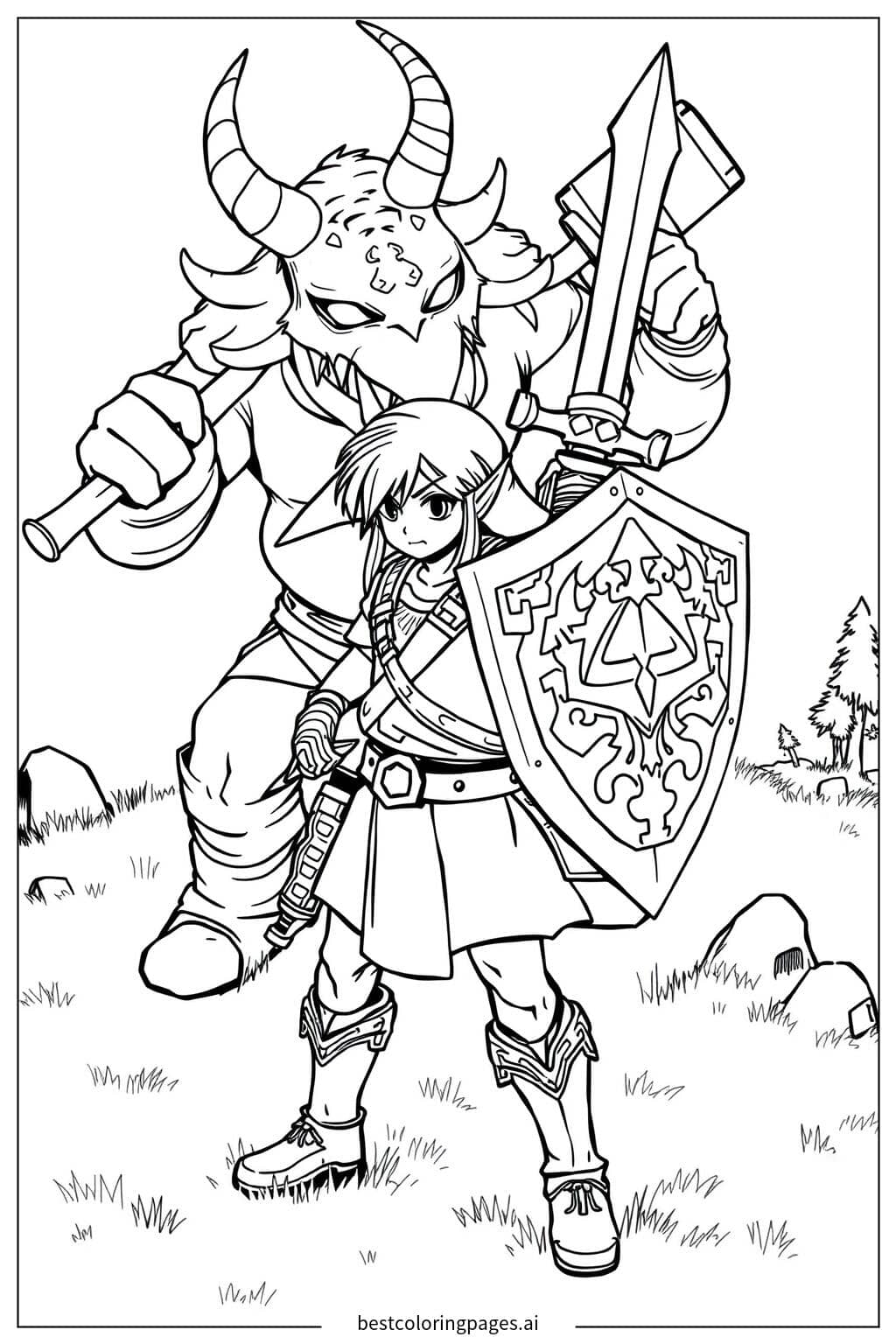 Link Battling a Fierce Moblin Coloring Page