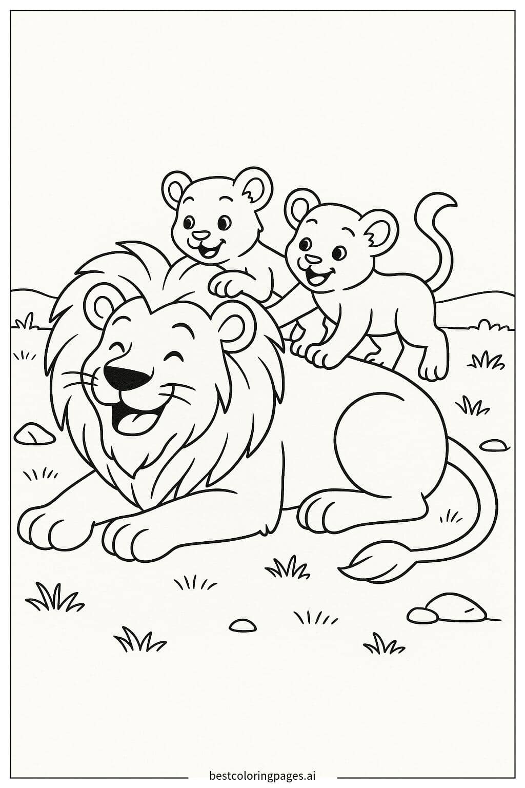 Lion Playing with Its Cubs Coloring Page