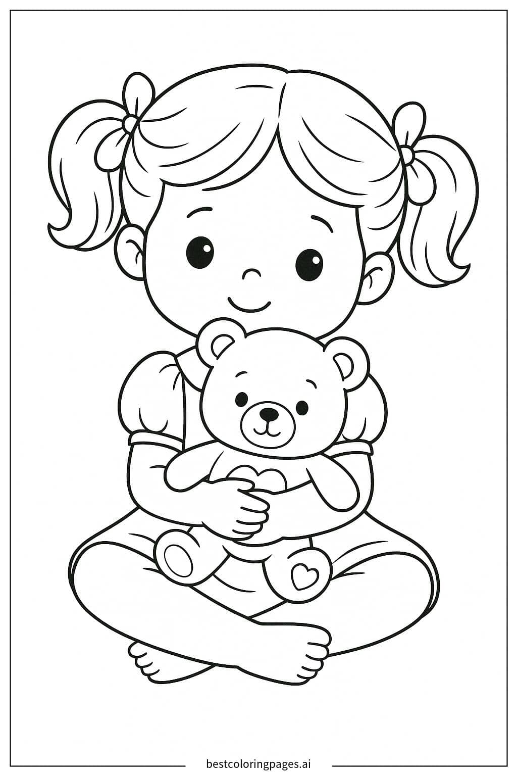 Little Girl Hugging Her Teddy Bear Coloring Page