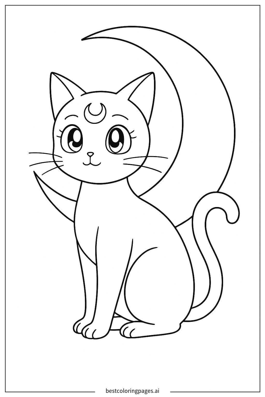 Luna Sitting Gracefully with a Crescent Moon Coloring Page