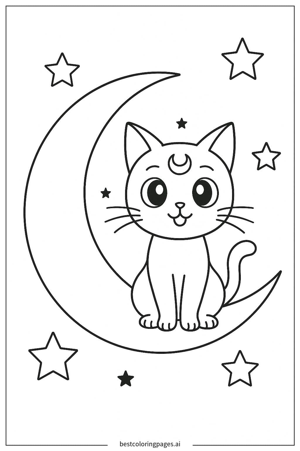 Coloriage Luna le chat assis sur un croissant de lune