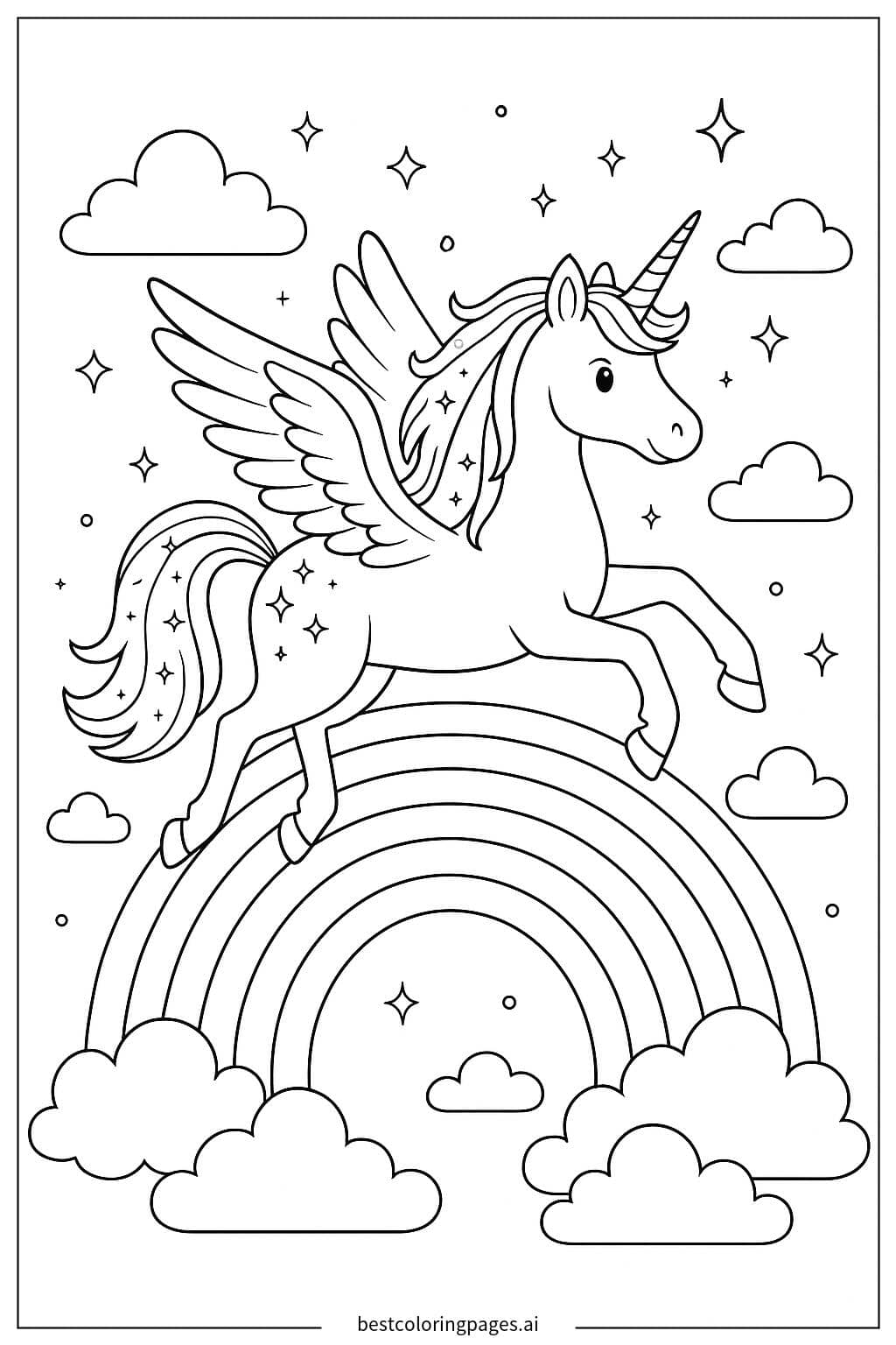 Enchanting Unicorn Soaring Over Rainbow Coloring Page