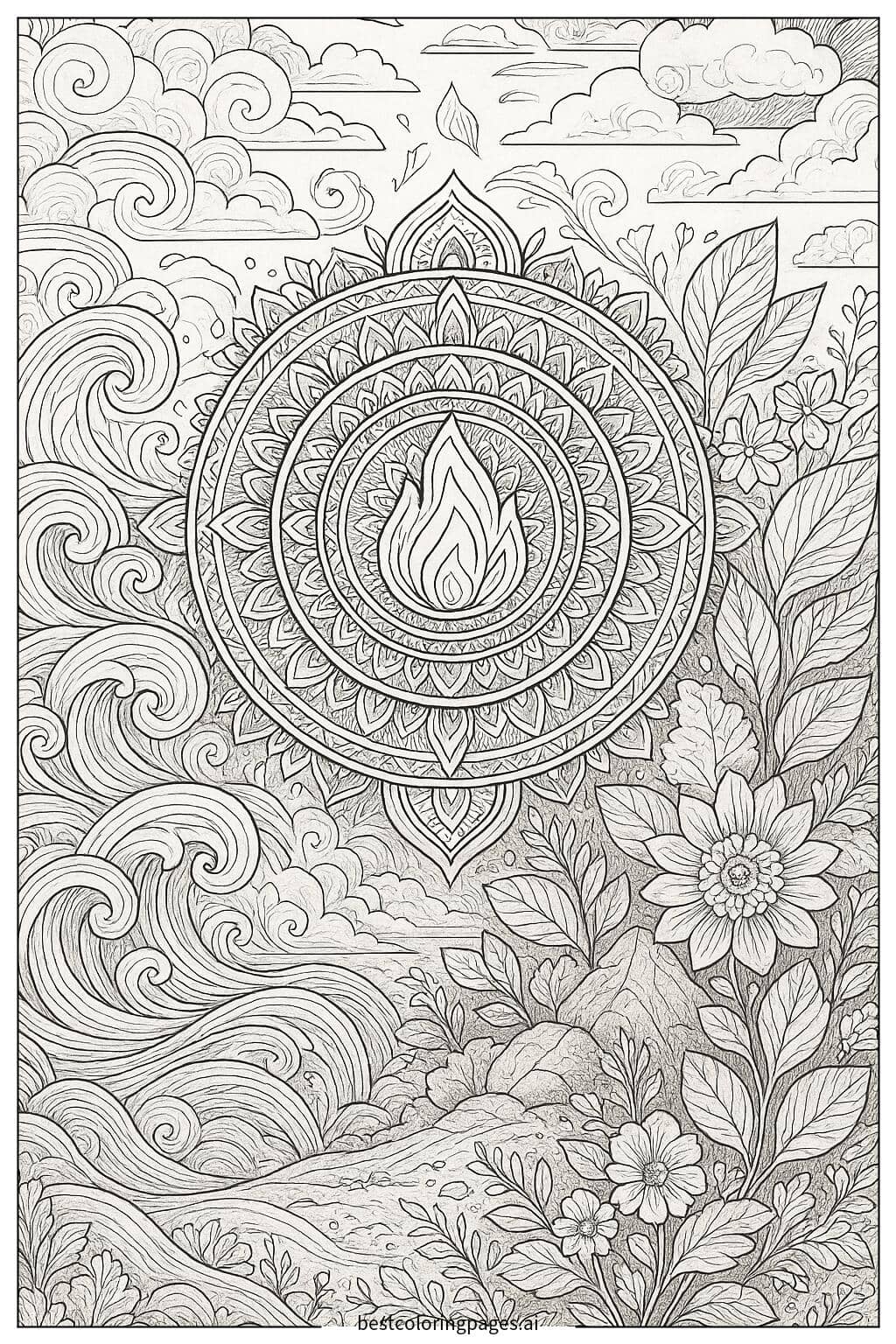 Dibujos de Mandala inspirado en los elementos de la naturaleza para Colorear