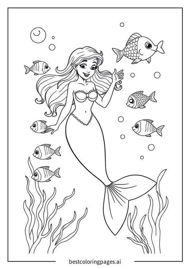 Dibujos de Sirena jugando con peces para Colorear