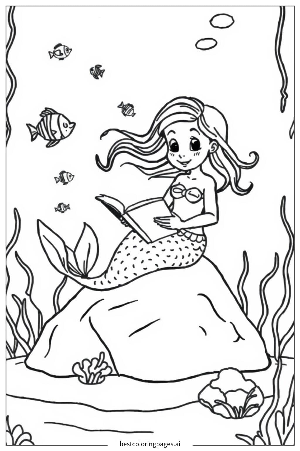 Dibujos de Sirena leyendo un libro bajo el agua para Colorear
