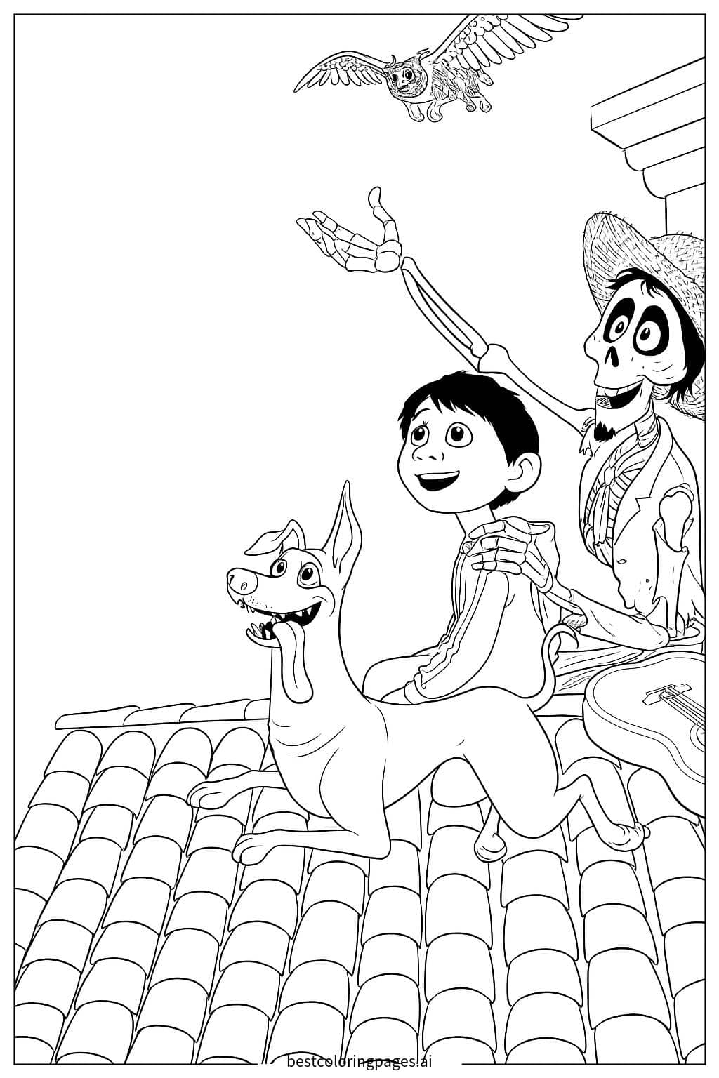 Miguel and Friends on the Roof Coloring Page