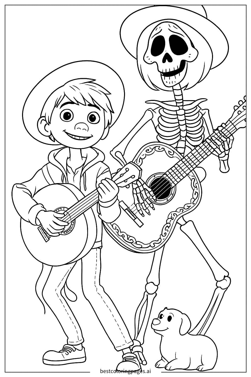 Miguel and Hector Playing Guitar from Coco Coloring Page