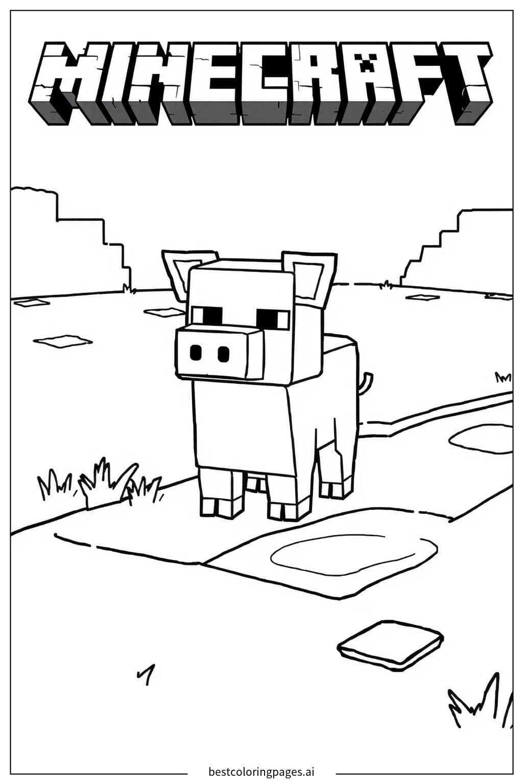 Coloriage Cochon Minecraft près d'une rivière