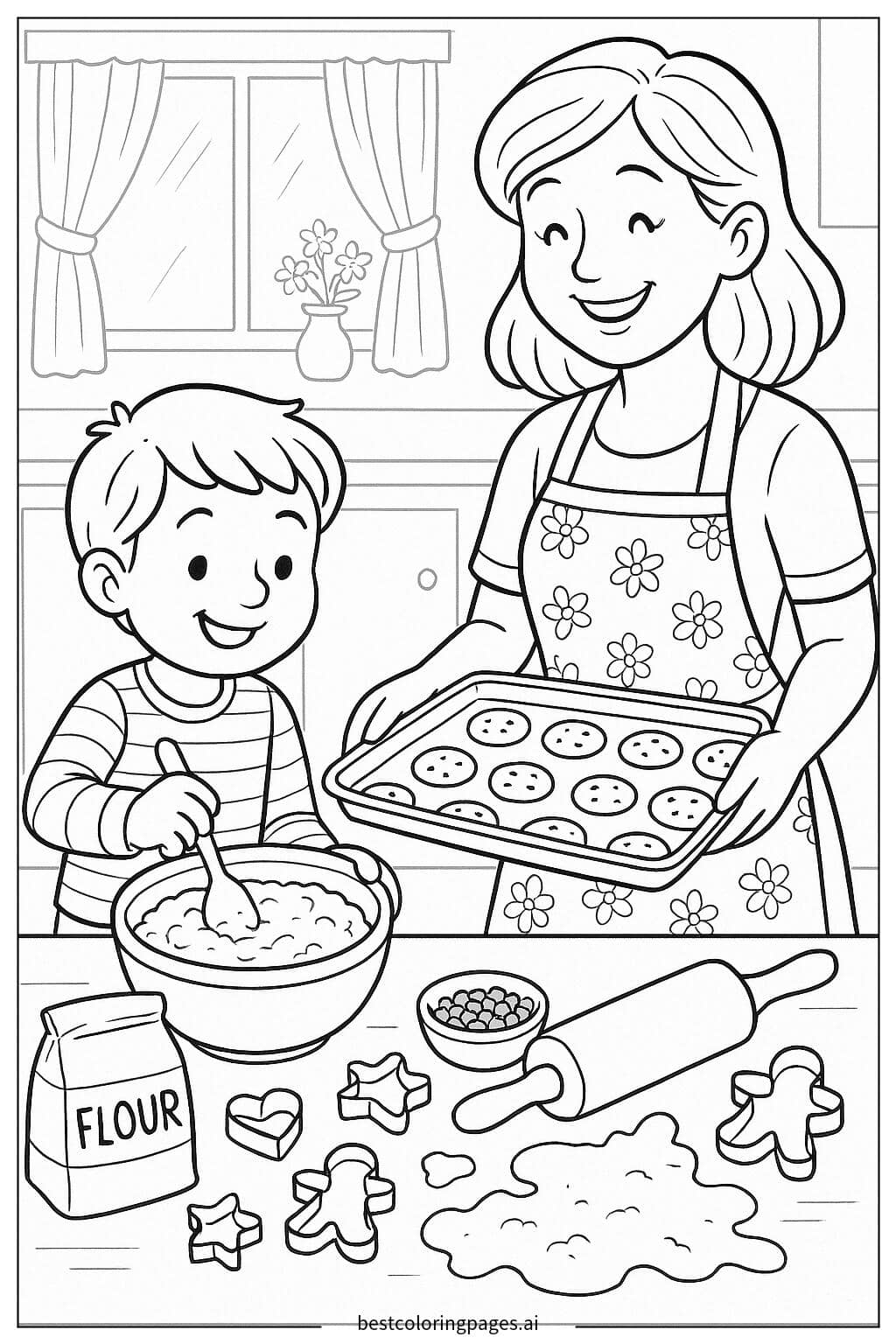 Mom and Child Baking Cookies Together Coloring Page