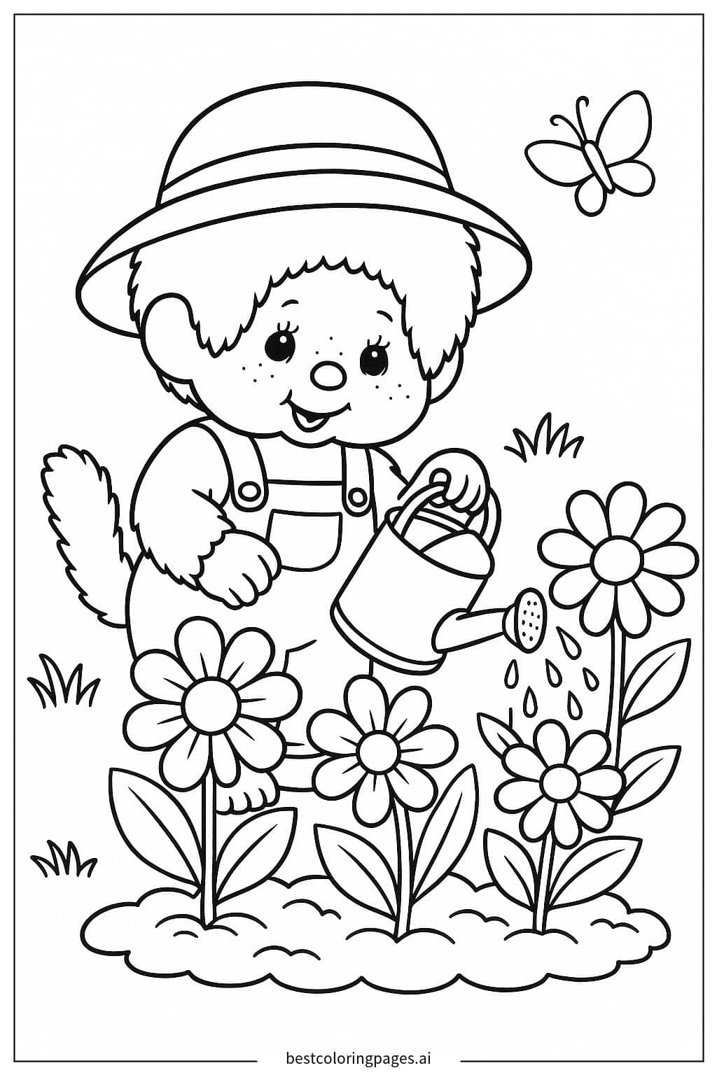 Monchhichi Watering Flowers Coloring Page