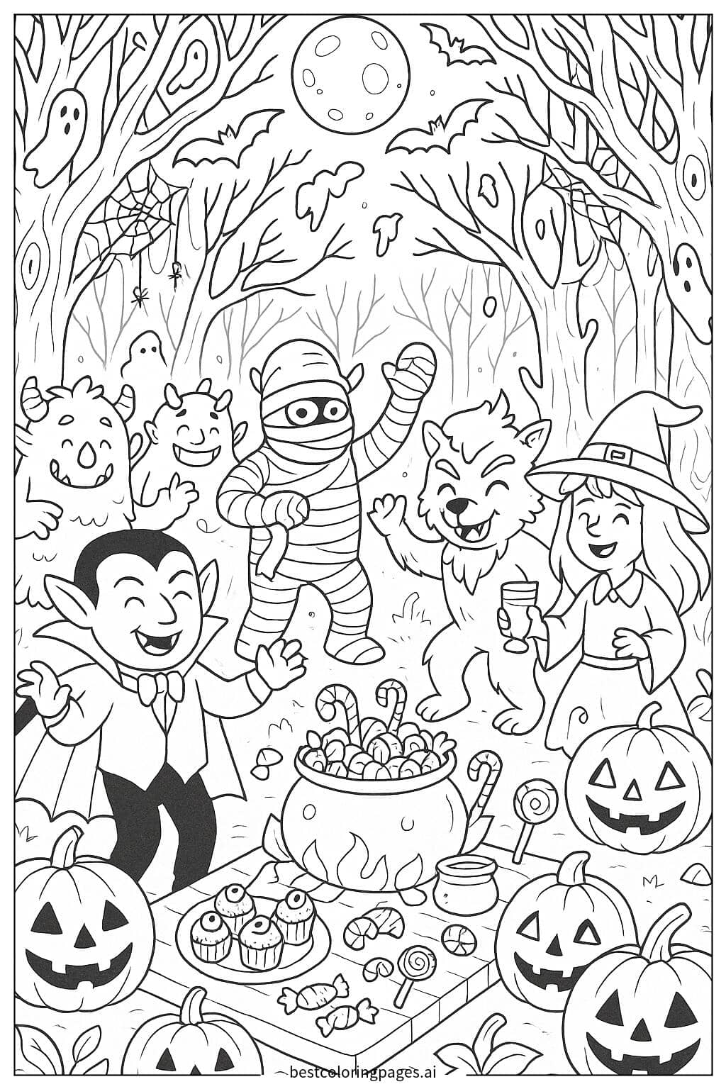 Desenhos de Festa de Monstros na Floresta Assombrada para Colorir