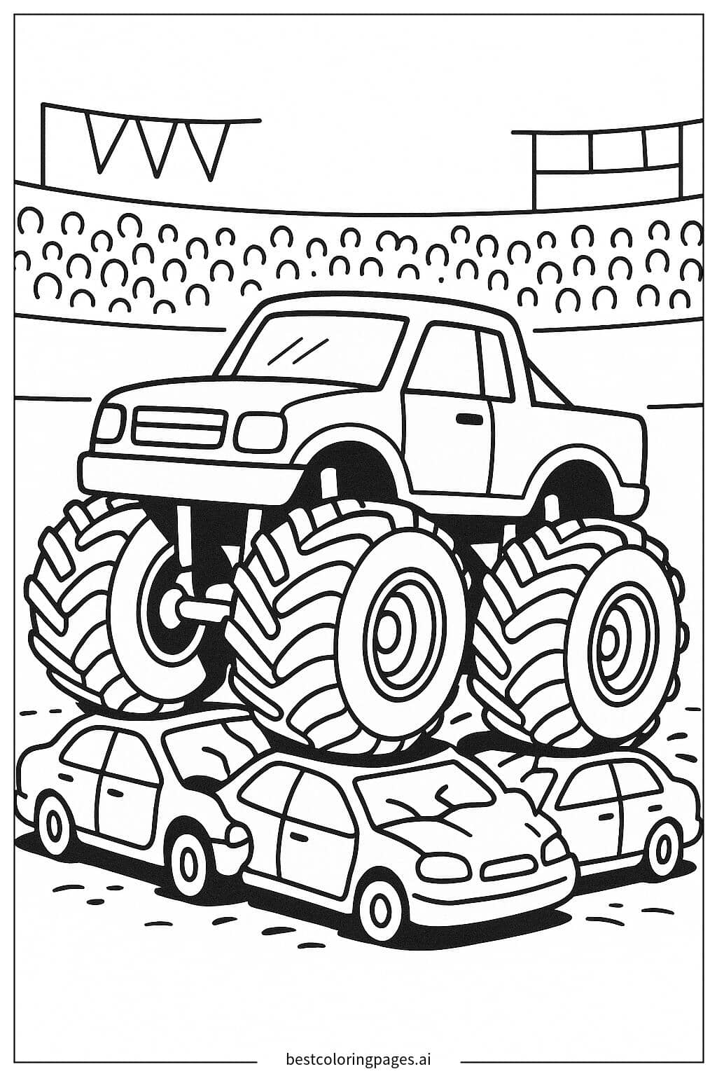 Monster Truck Crushing a Row of Cars Coloring Page