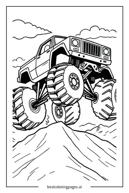 Monstertruck springt über einen kleinen Hügel Ausmalbilder