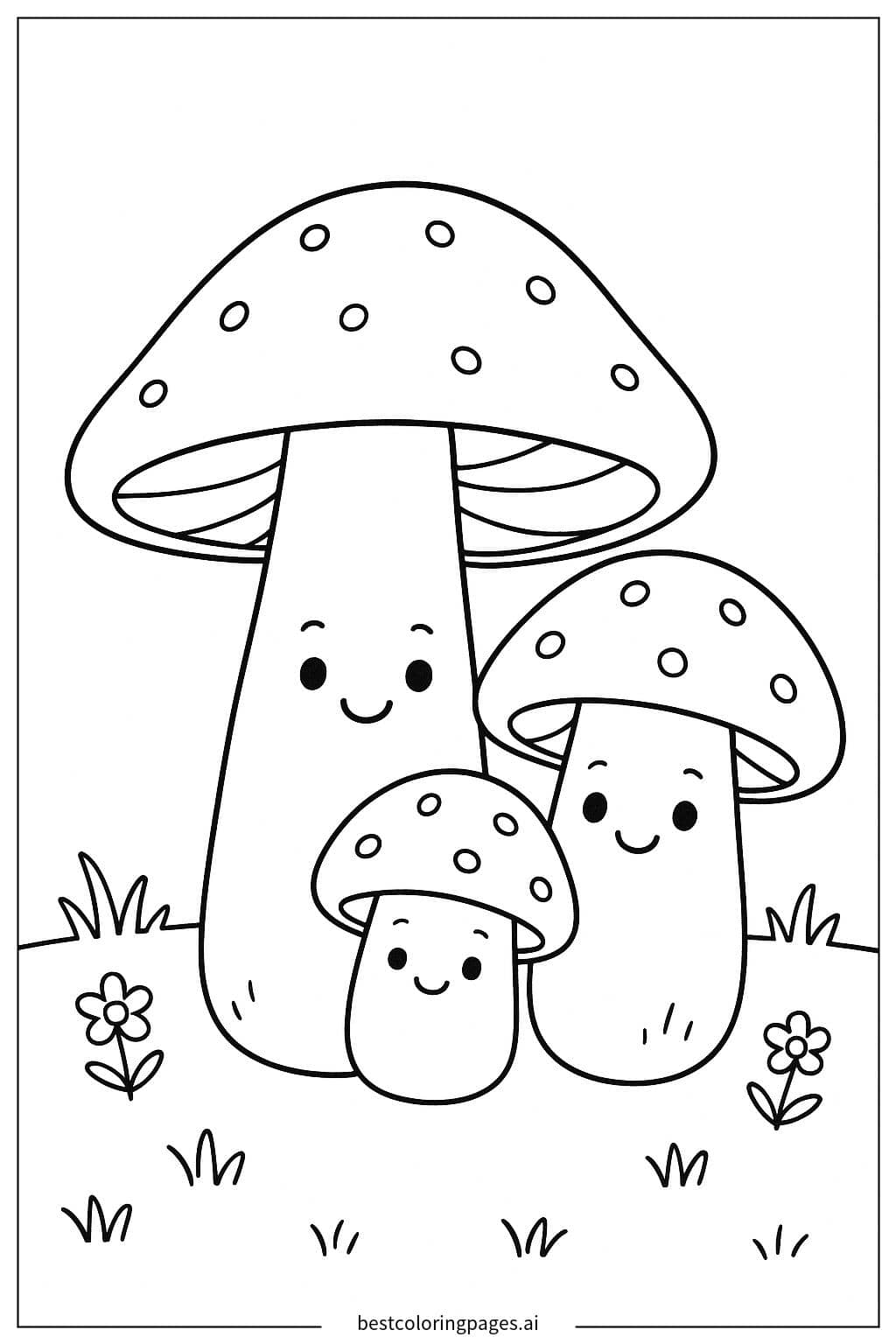 Adorable Mushroom Family in a Grassy Field Coloring Page