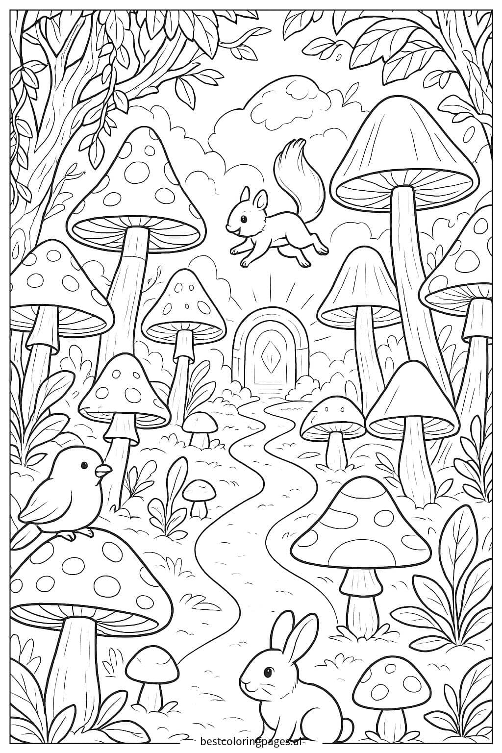 Mushroom Forest Adventure Coloring Page