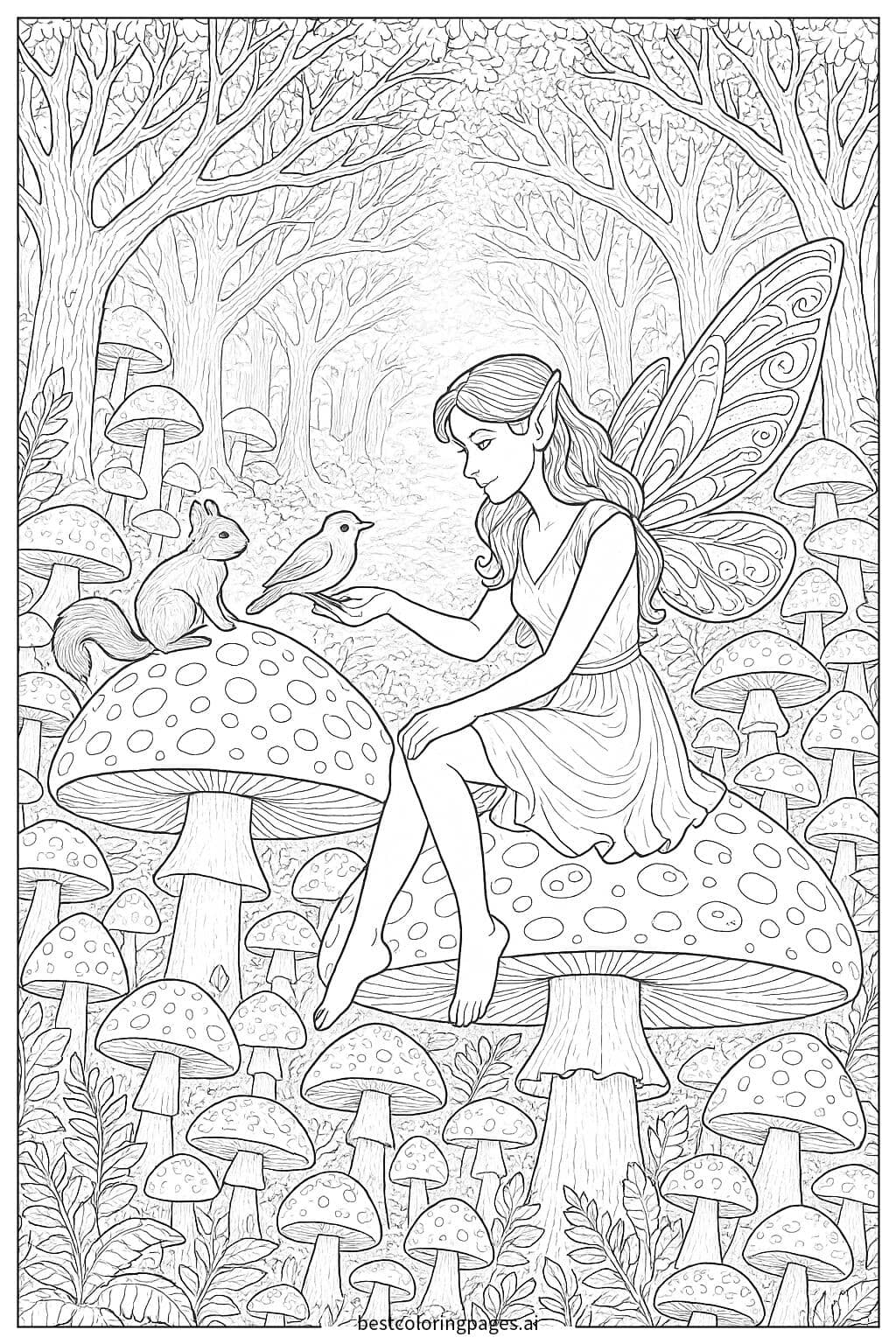 Enchanted Mushroom Forest with Fairy Coloring Page
