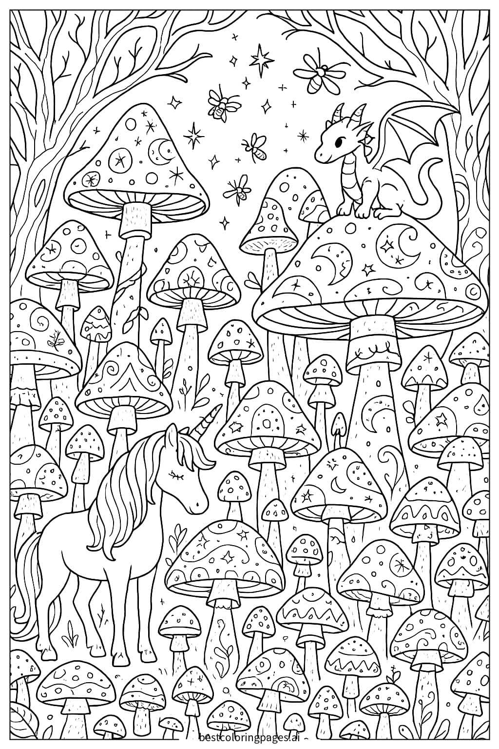 Magical Mushroom Forest with Enchanting Creatures Coloring Page