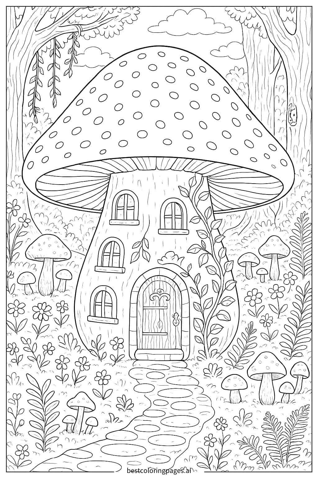 Mushroom House with Windows and Doors Coloring Page