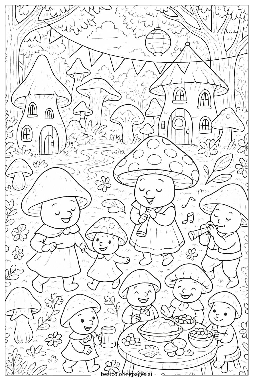 Mushroom Village Celebration Coloring Page