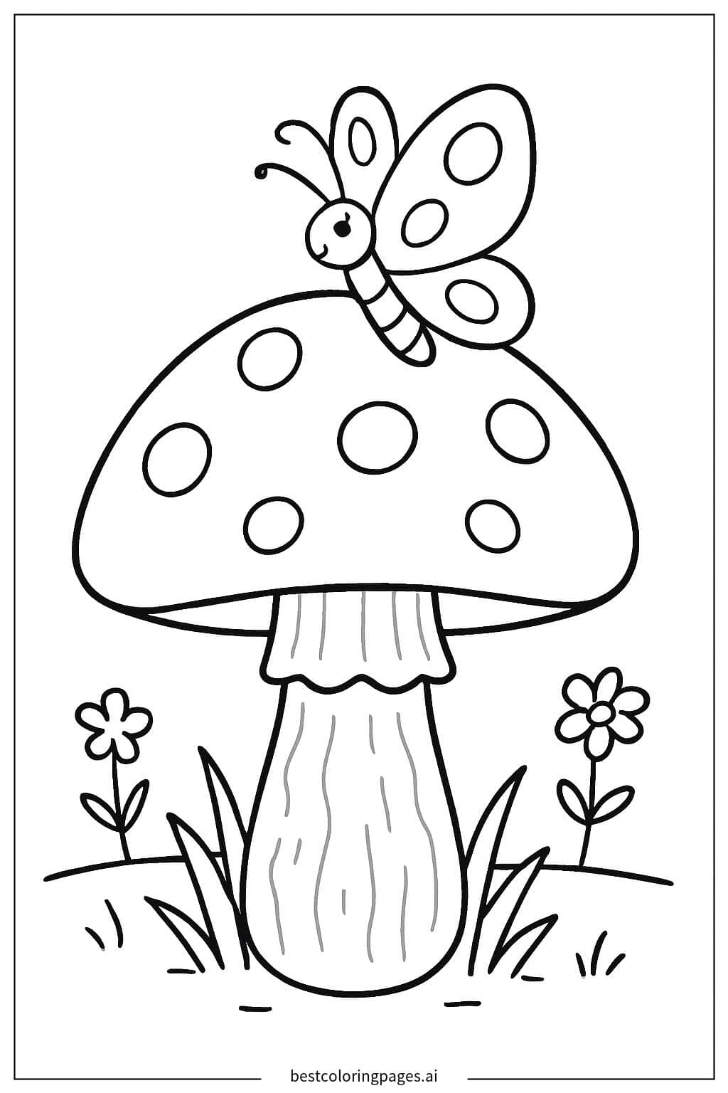 Whimsical Mushroom and Butterfly Scene Coloring Page