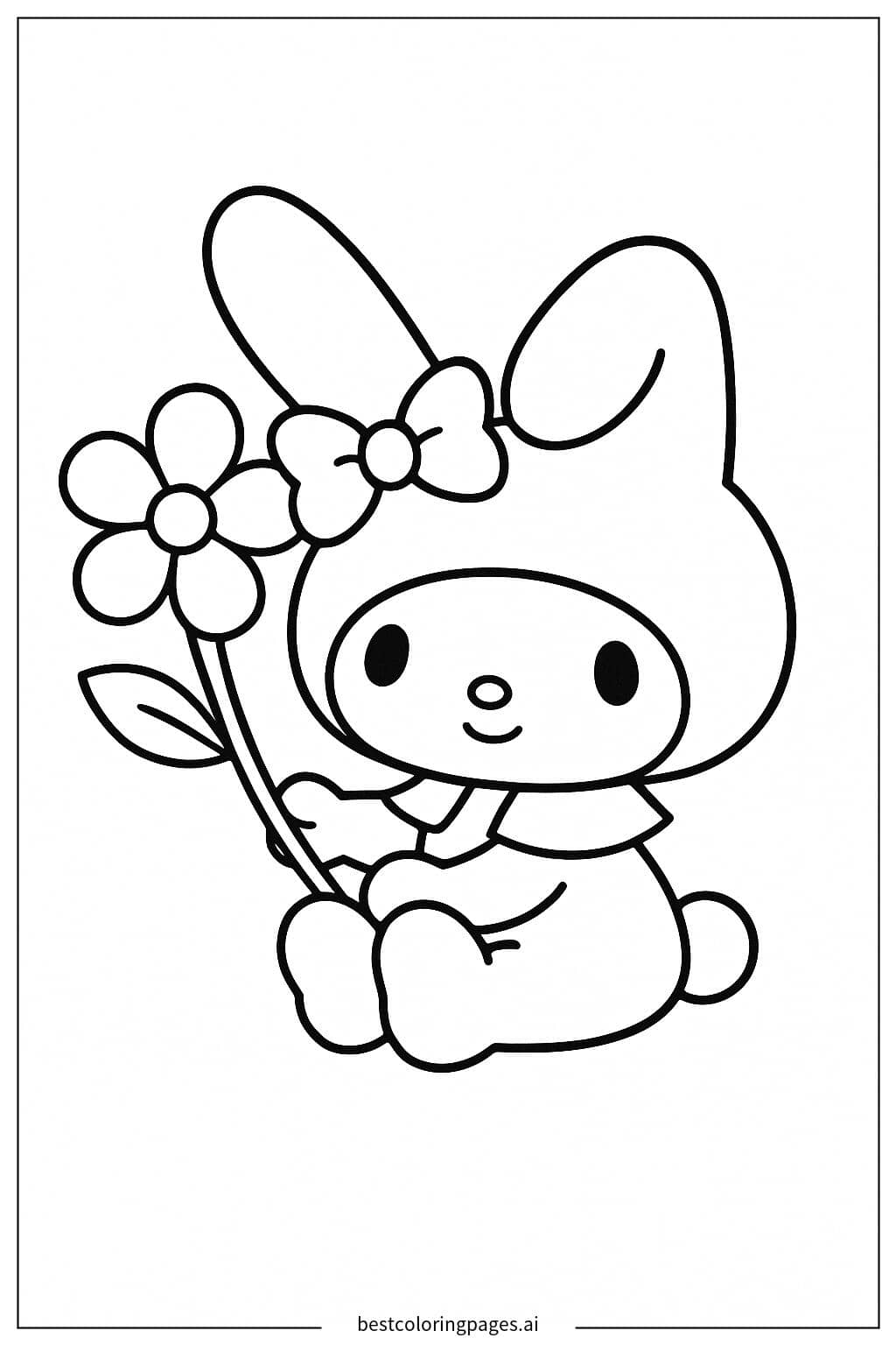 Gambar Mewarnai My Melody Duduk dengan Bunga