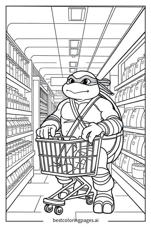 Desenhos de Tartaruga Ninja fazendo compras no supermercado para Colorir