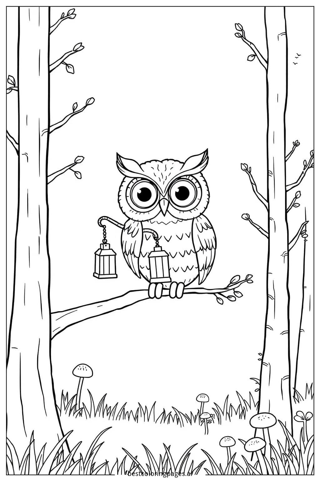 Owl Holding a Lantern in the Forest Coloring Page