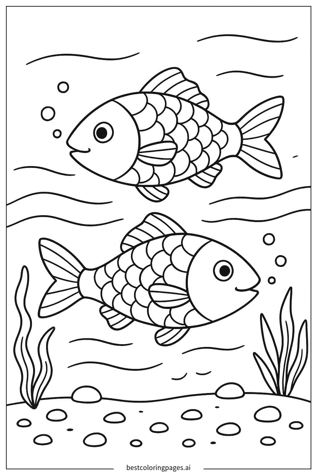 Pair of Fish Swimming in a Stream Coloring Page