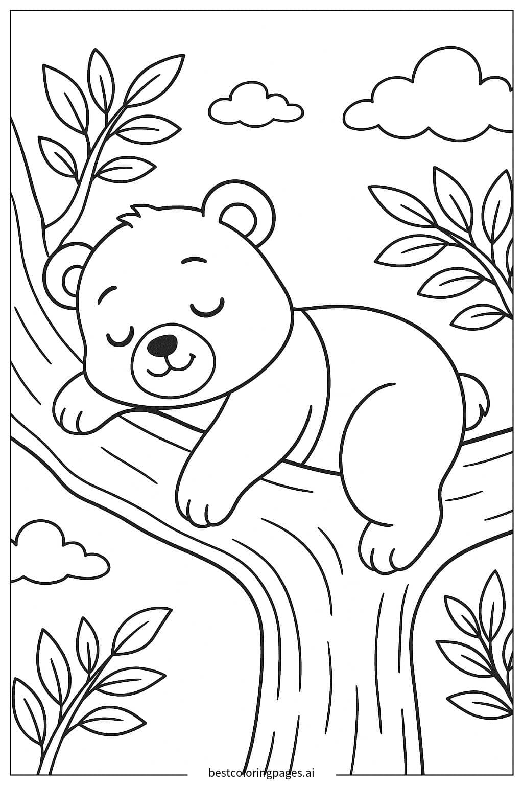 木の枝で眠るパンダ のぬりえ