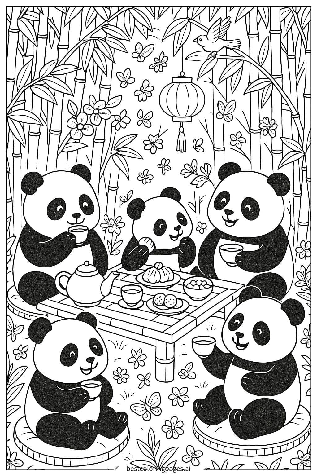 Panda Tea Party in a Bamboo Grove Coloring Page