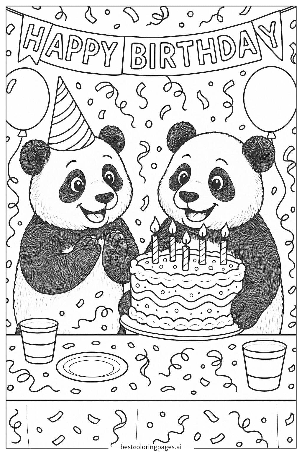 Pandas Celebrating a Birthday with Cake Coloring Page