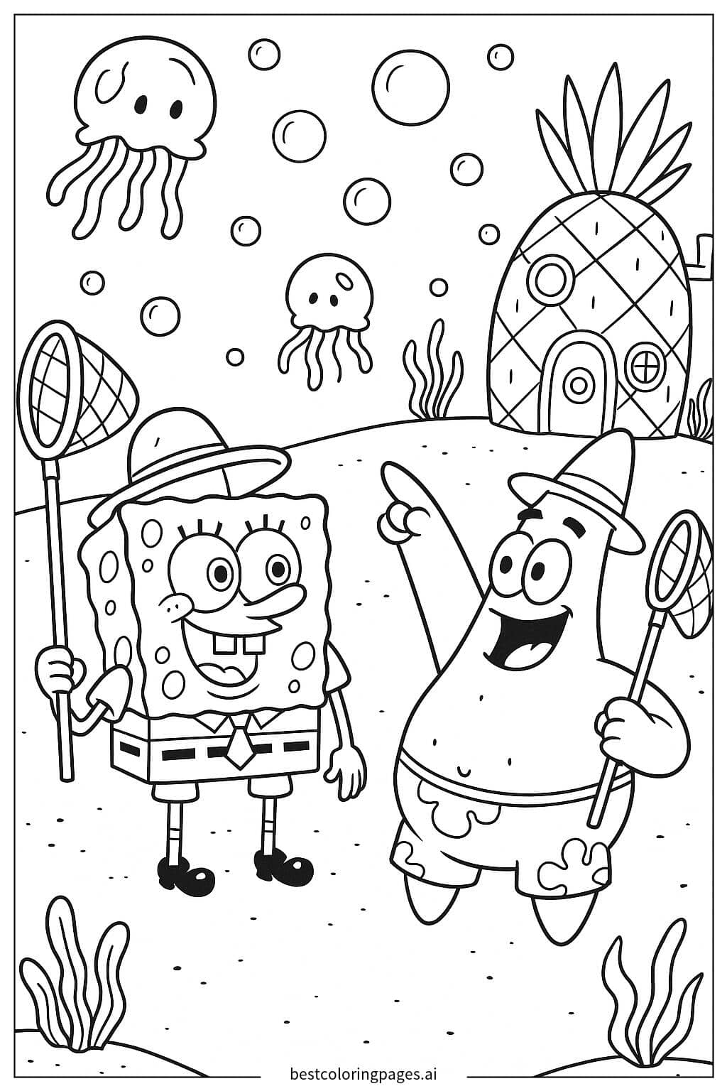 Patrick and SpongeBob Jellyfishing Adventure Coloring Page