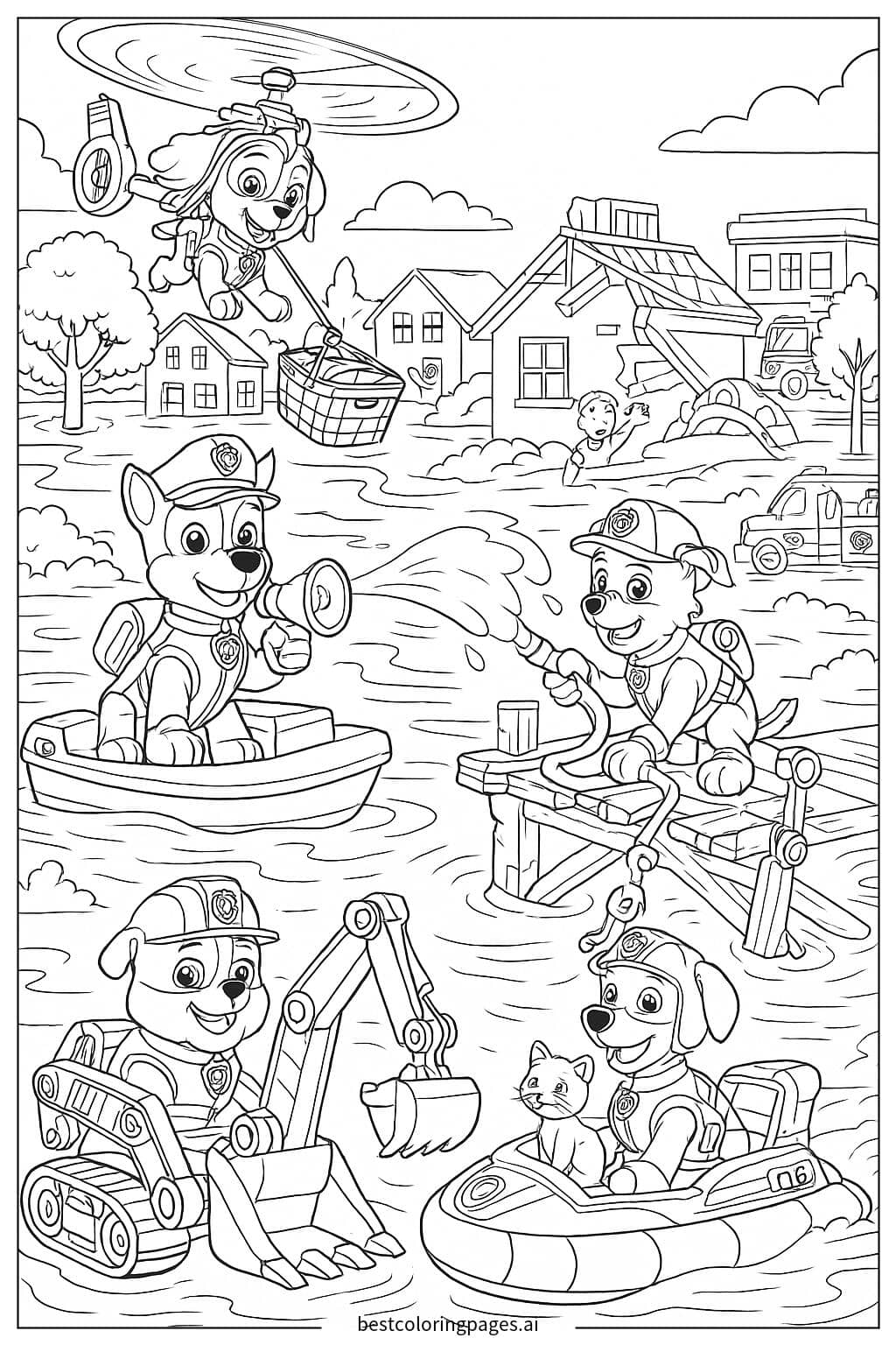 Paw Patrol Rescuing During a Flood Coloring Page