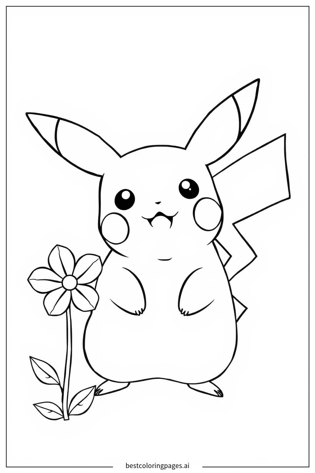 Gambar Mewarnai Pikachu dan Bunga Tunggal