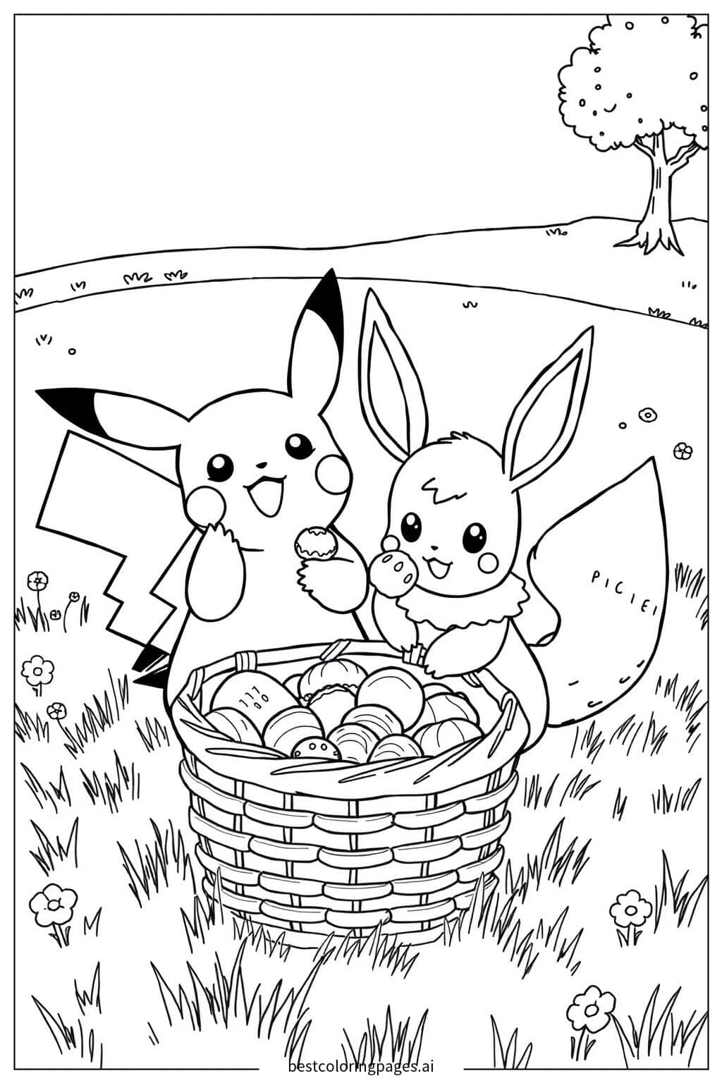 Pikachu and Eevee Sharing Snacks Coloring Page