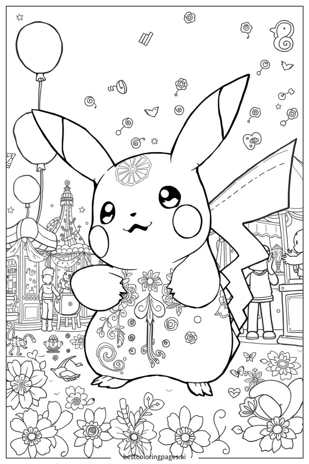 Gambar Mewarnai Pikachu di Karnaval Bersama Teman-teman