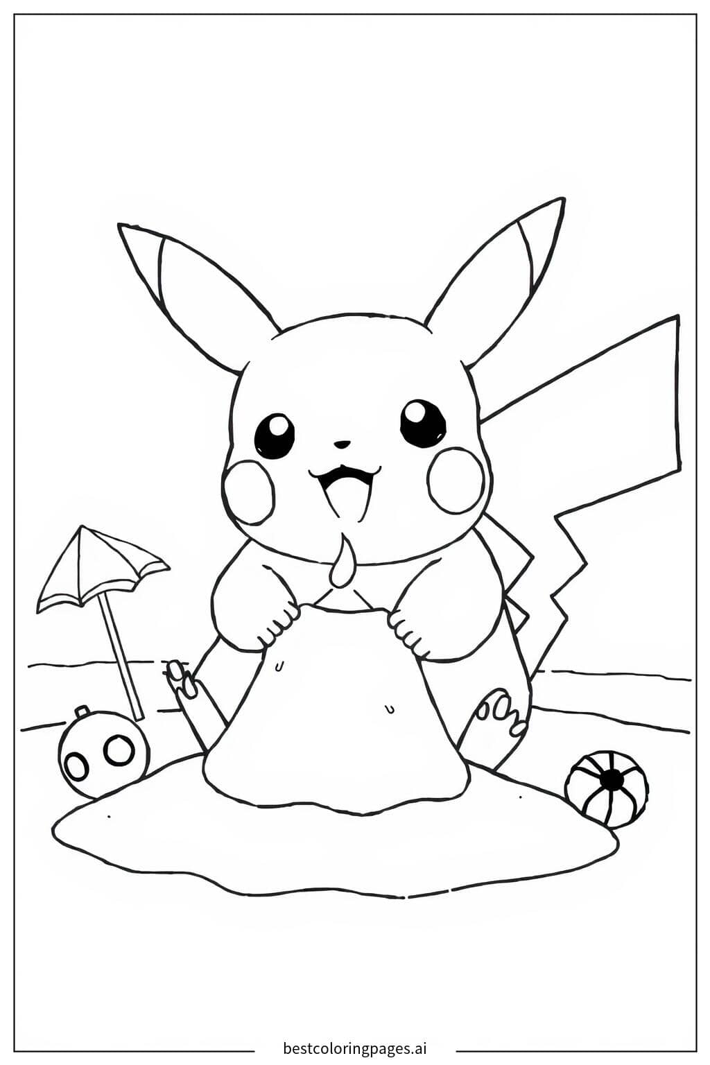 Gambar Mewarnai Pikachu Membangun Istana Pasir