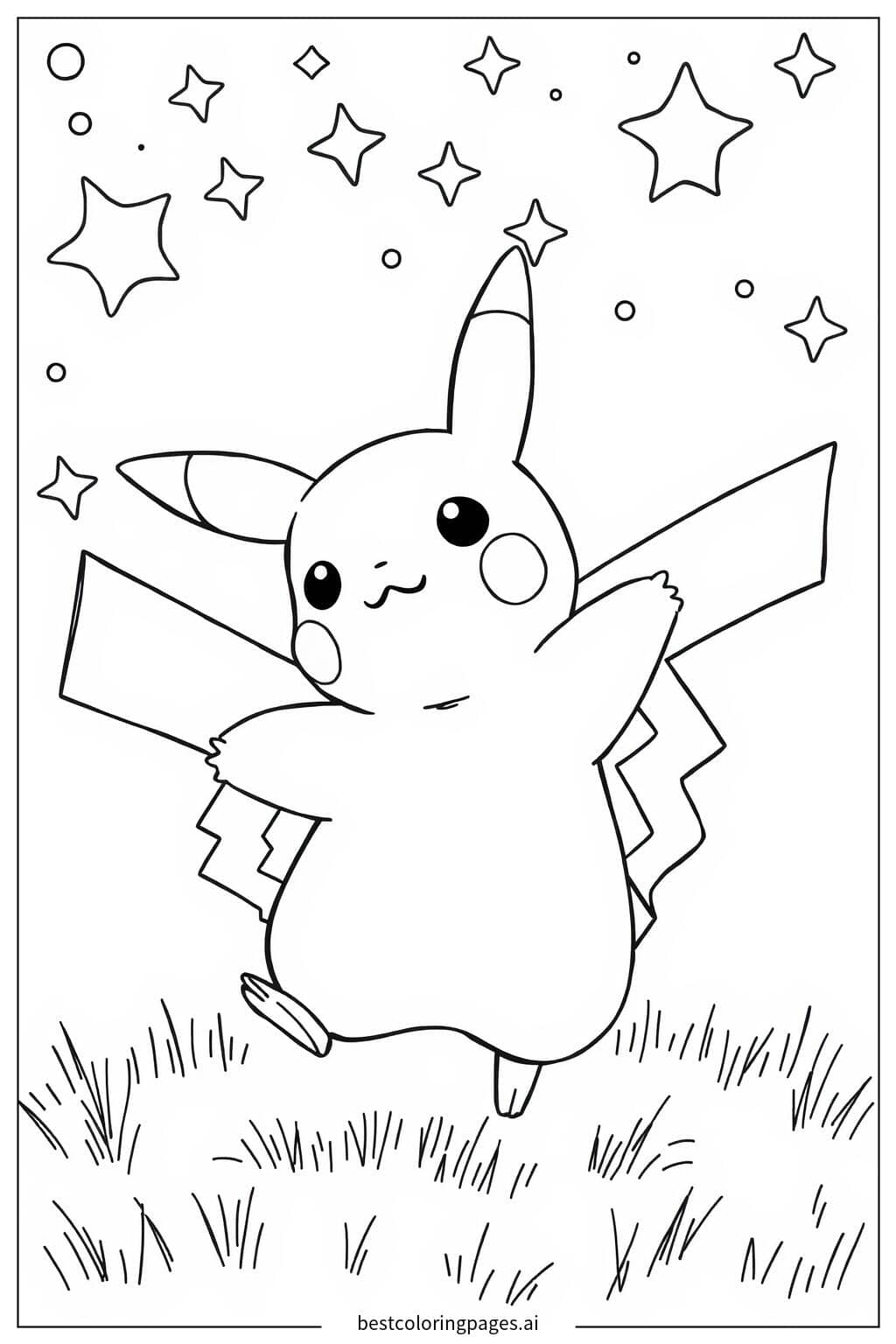 Gambar Mewarnai Pikachu Menari di Bawah Bintang
