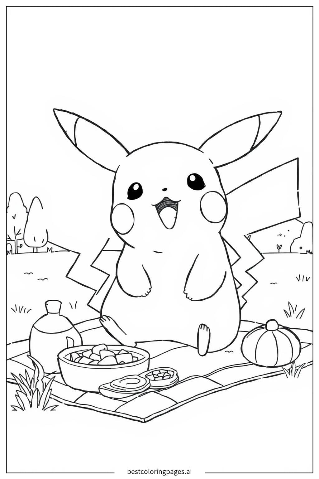Gambar Mewarnai Pikachu menikmati piknik