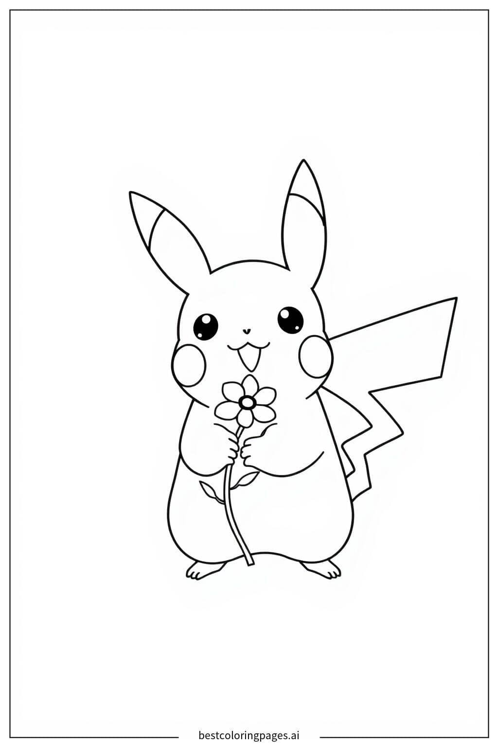 Gambar Mewarnai Pikachu memegang bunga kecil