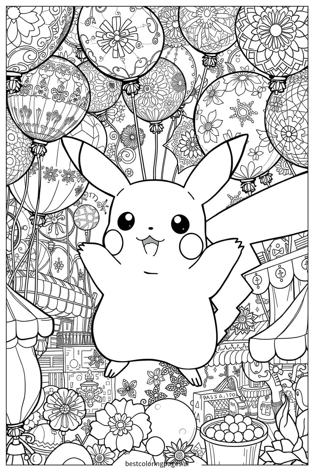 Gambar Mewarnai Pikachu di karnaval penuh balon