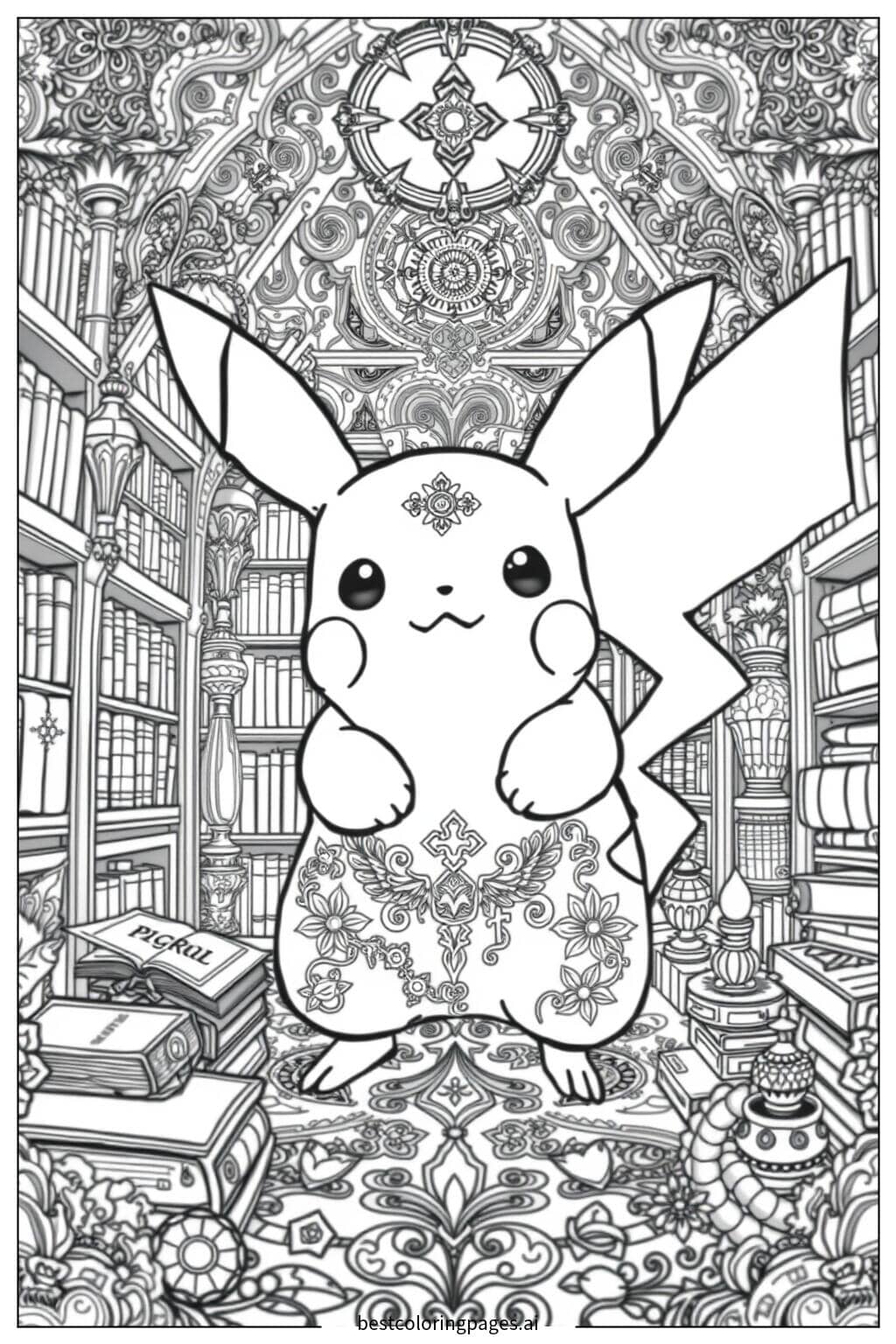 Gambar Mewarnai Pikachu di Perpustakaan Ajaib