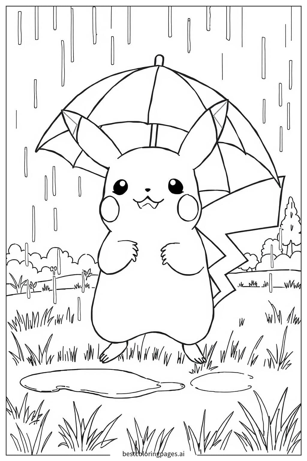 Gambar Mewarnai Pikachu di Hari Hujan