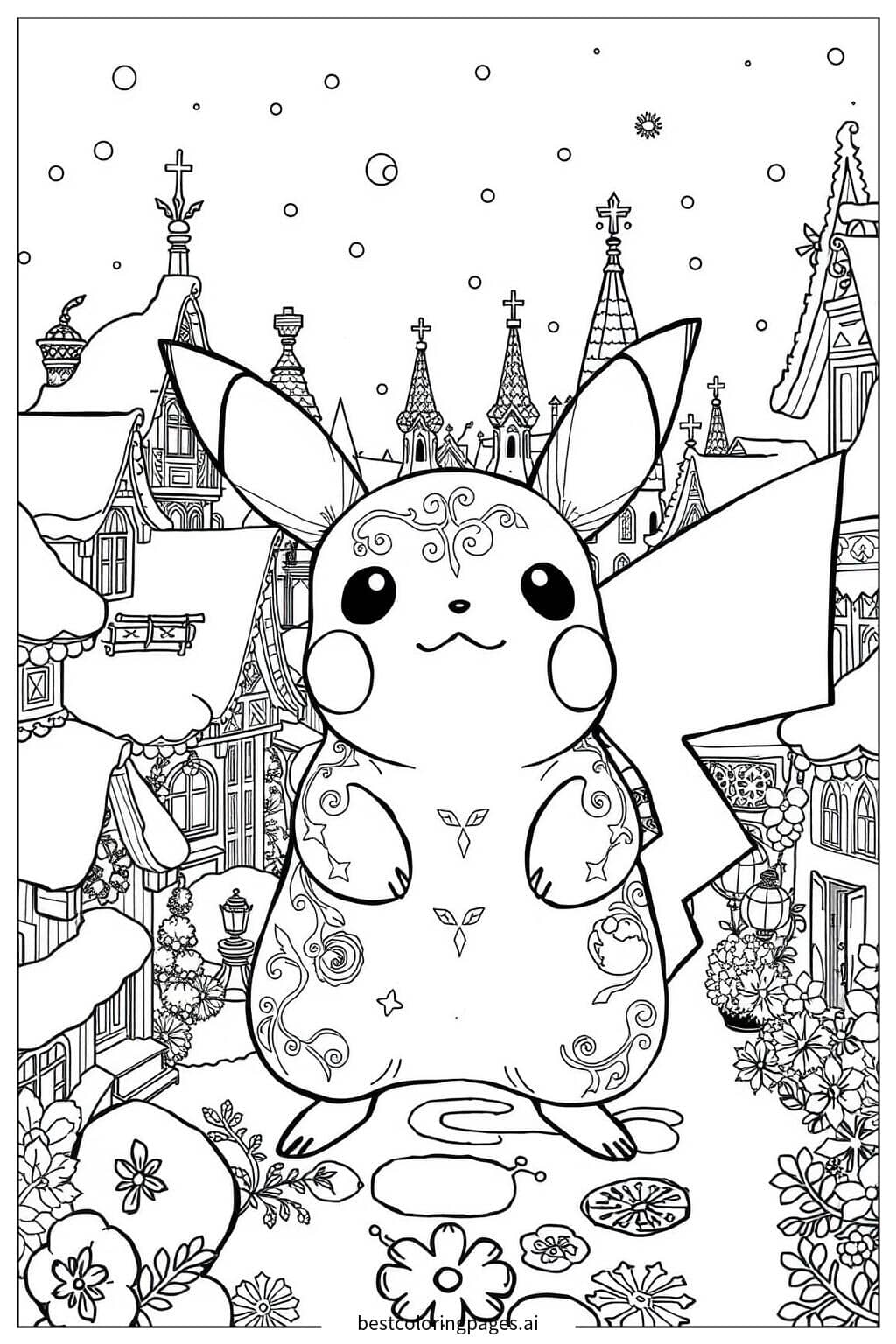 Gambar Mewarnai Pikachu di Desa Bersalju