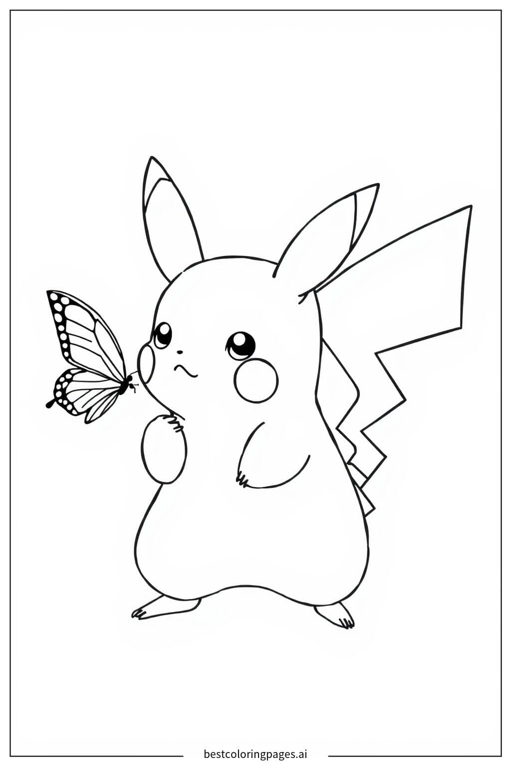 Gambar Mewarnai Pikachu melihat kupu-kupu