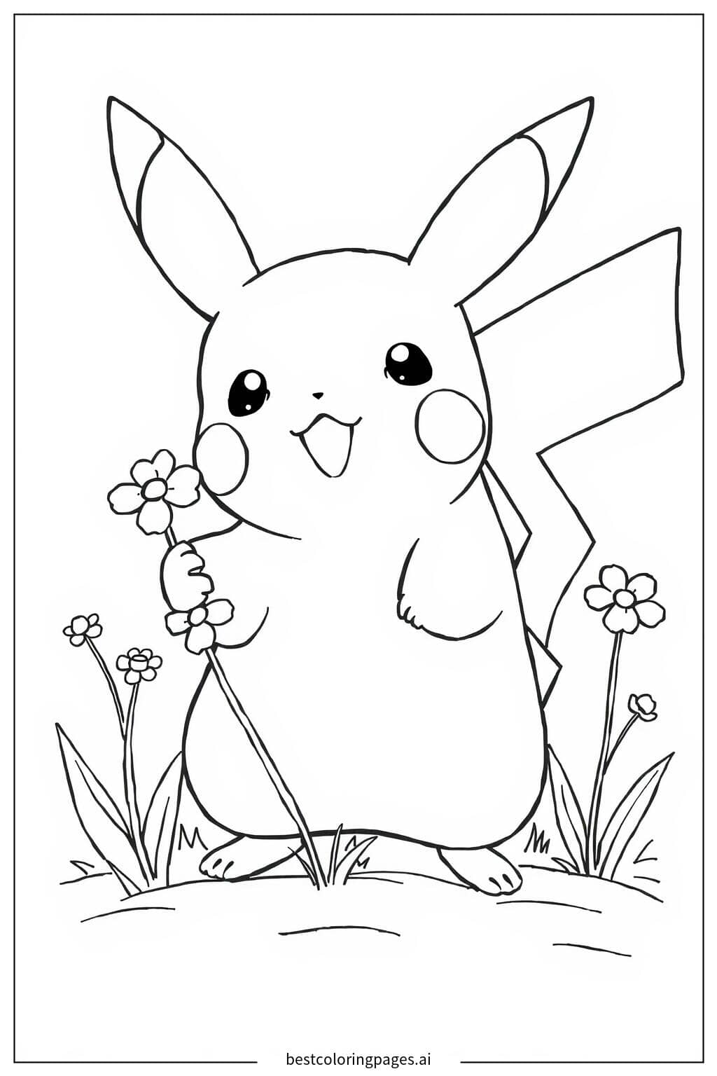 Gambar Mewarnai Pikachu Memetik Bunga