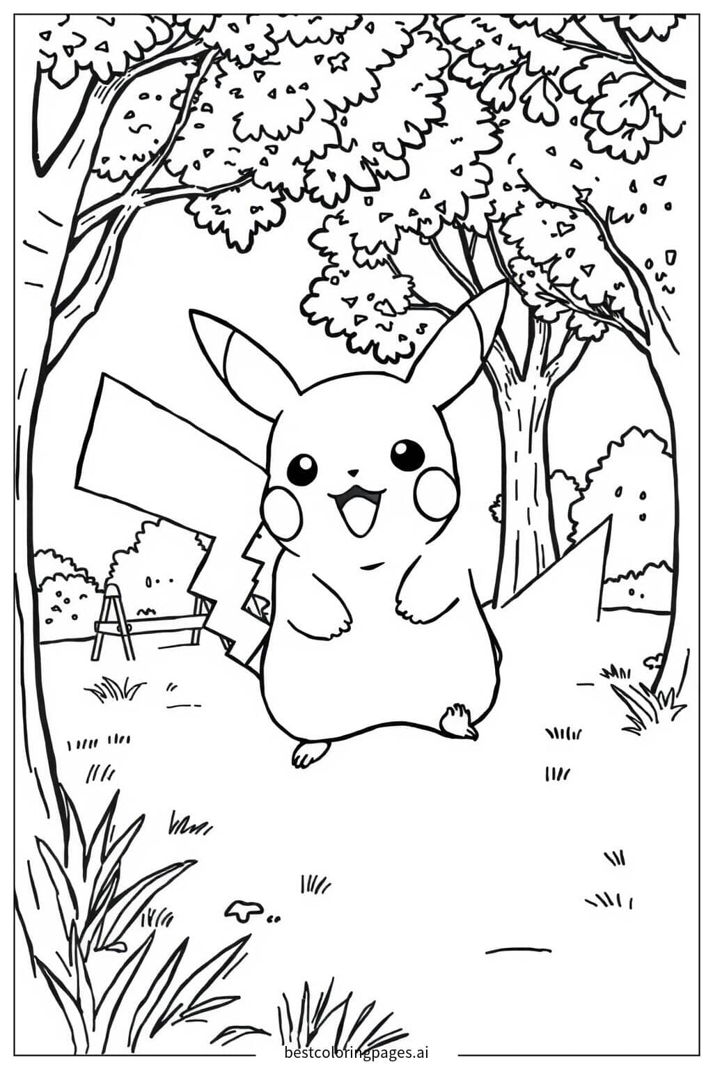 Gambar Mewarnai Pikachu bermain di taman