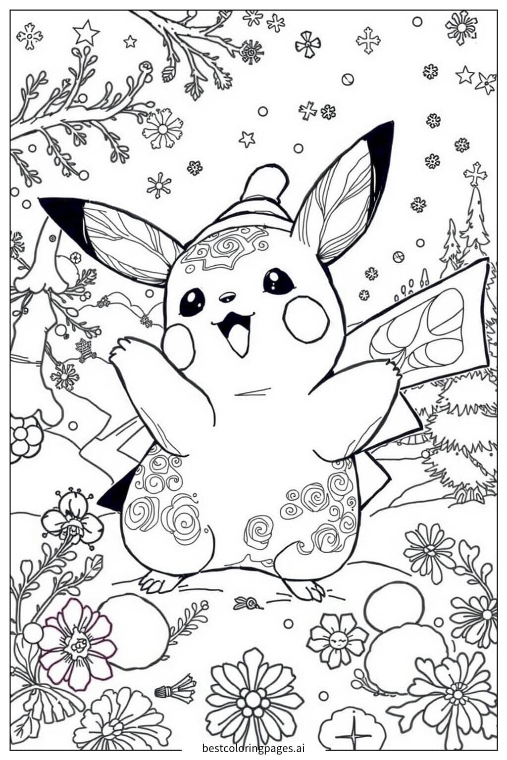 Gambar Mewarnai Pikachu bermain di negeri ajaib musim dingin